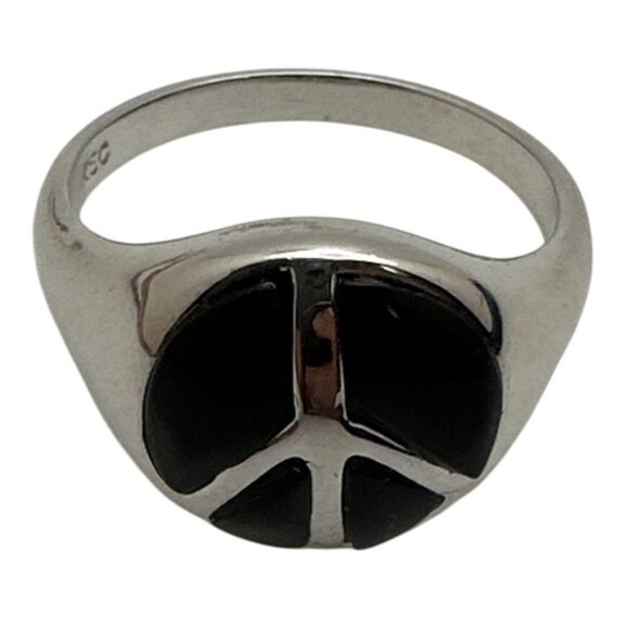 Inspirational Silver Tone Peace Ring Black Inlay Signed RSC Vintage - Picture 1 of 9